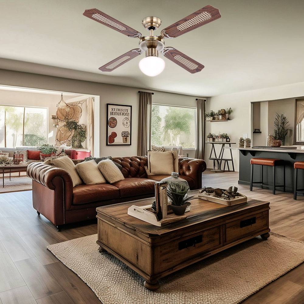 Deckenventilator mit Beleuchtung Sommer Winter Deckenventilator für Dachschräge, Flügel wendbar eichefarben mit Zugschalter und 3 Geschindigkeitsst