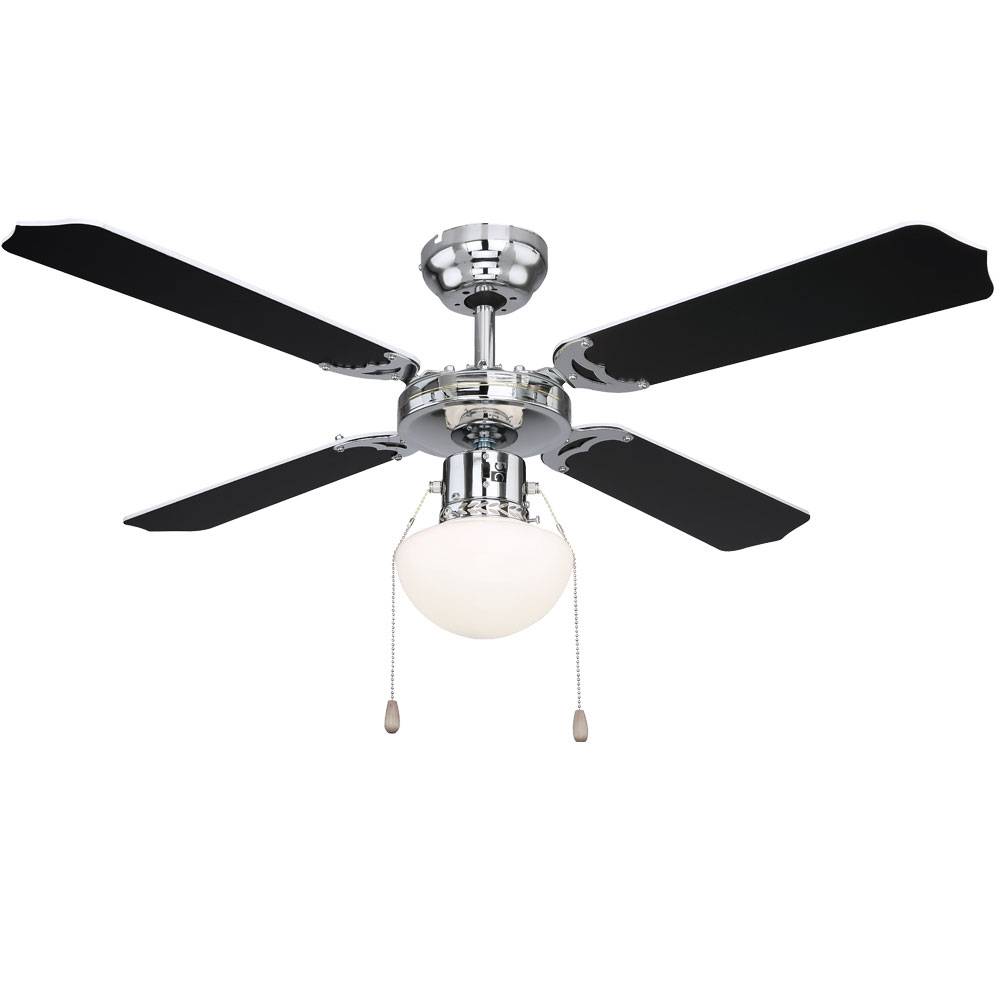 Deckenventilator mit Beleuchtung Windmaschine Deckengebläse chrom kühlen wärmen Vor Rücklauf Zugschalter Glas Lampe