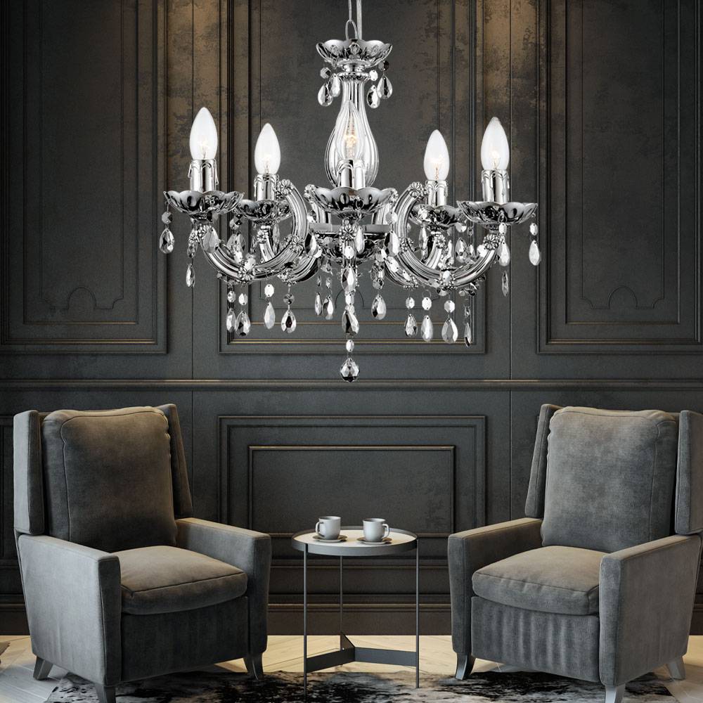 Kronleuchter Kristall Hängeleuchte 5-flammig Pendelleuchte Wohnzimmer, Chrom Acryldekor, 5x E14, DxH 44x128 cm