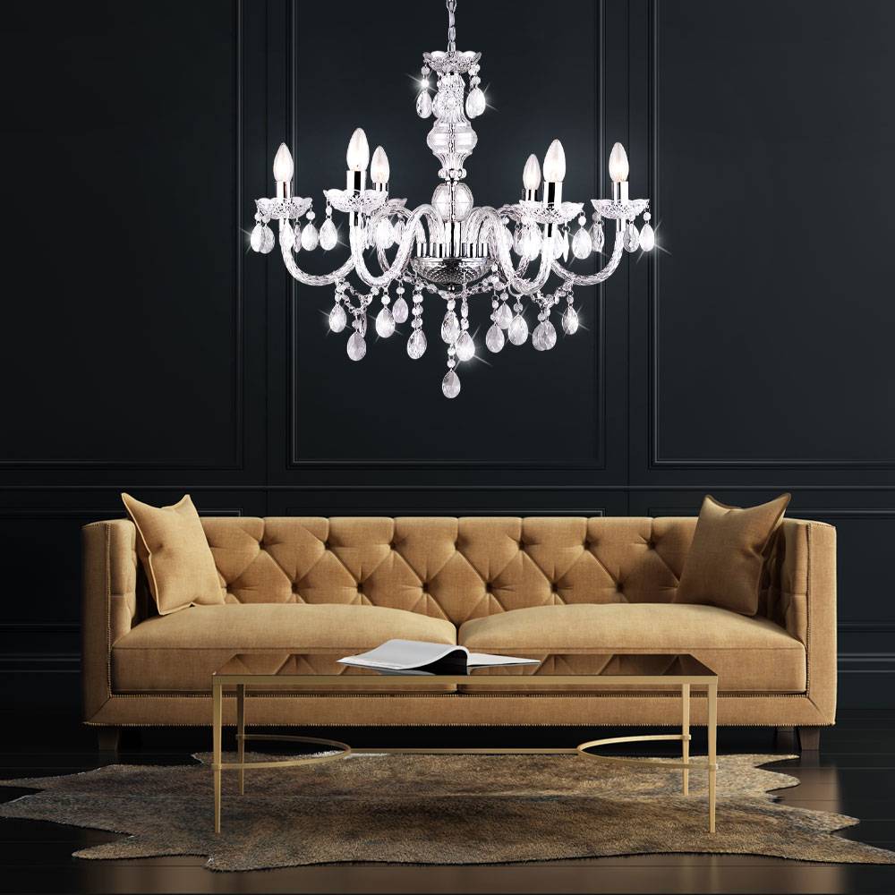 Kronleuchter Kristallbehang Pendelleuchte hängend Esszimmer Hängelampe Lüster, Chrom, 6x E14, DxH 61 x 166 cm