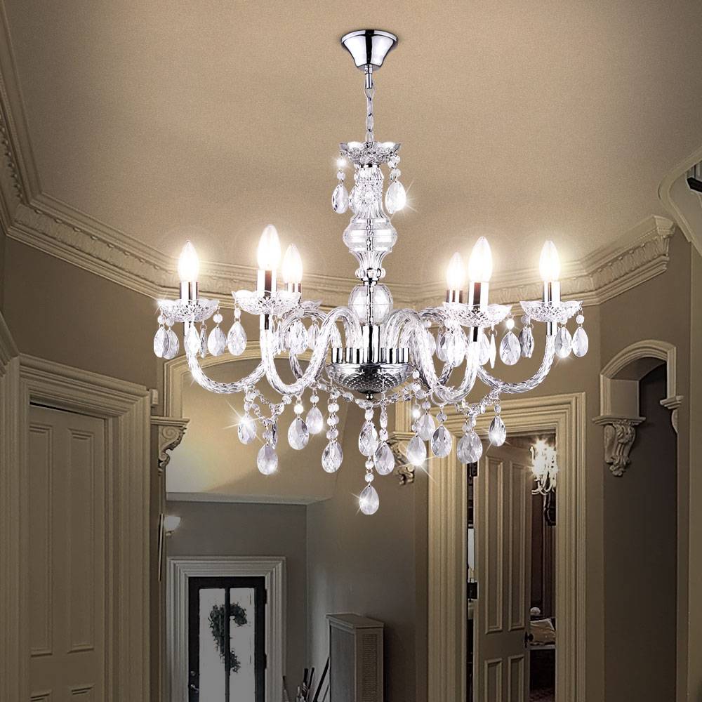 Kronleuchter Kristallbehang Pendelleuchte hängend Esszimmer Hängelampe Lüster, Chrom, 6x E14, DxH 61 x 166 cm