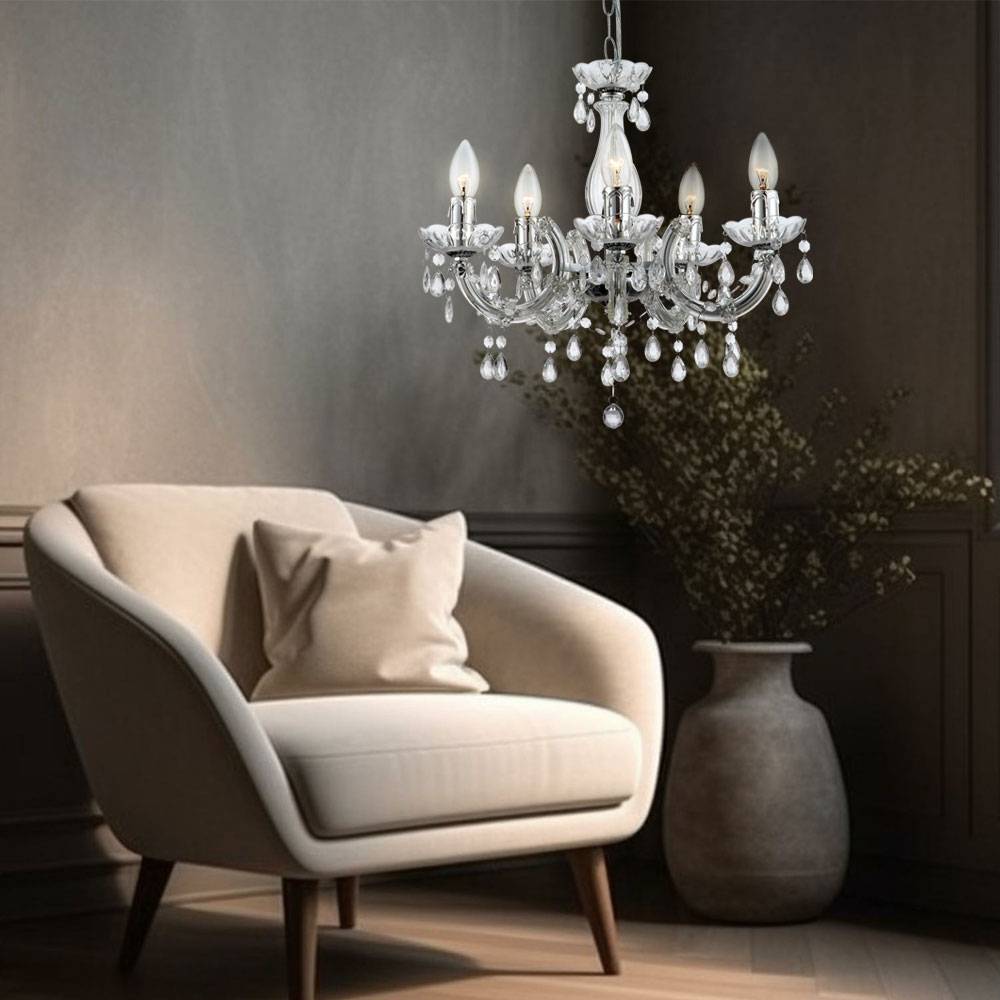 Kronleuchter Decken Pendelleuchte 5 flammig Hängelampe Luster 5 Arme, 5x E14, Durchmesser x Höe 44 x 128 cm, Wohnzimmer Esszimmer