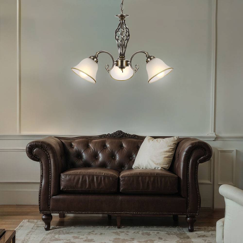 LED Hängelampe Kronleuchter Lüster Hängeleuchte Glas satiniert Pendellampe Esszimmerleuchte Altmessing, 3x 7W 560Lm warmweiß, DxH 60x120cm