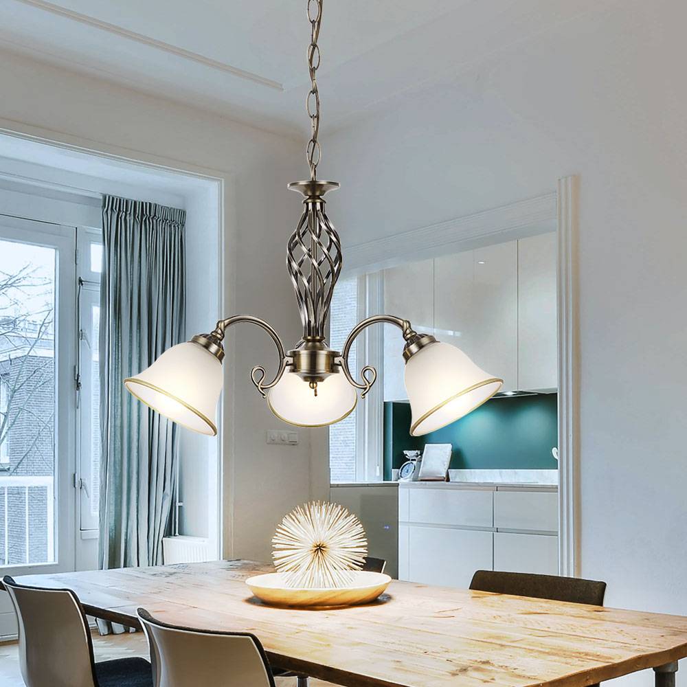 Hängelampe Hängeleuchte Kronleuchter Glasleuchte Esszimmer Lampe Altmessing, Glas, 3 flammig, 3x E27 Fassungen, DxH 60x120 cm