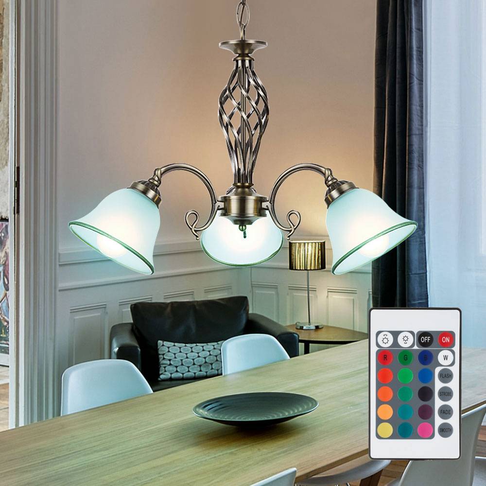 Kronleuchter Glas Altmessing Hängeleuchte Fernbedienung Pendelleuchte Lüster dimmbar, 3x RGB LED 8,5W 806Lm warmweiß, DxH 60x120cm