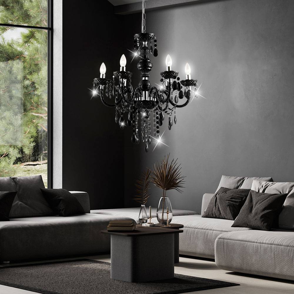 Kronleuchter Metall Hängelampe Schlafzimmer Chrom Lüster Pendellampe 5 Flammig Chrom, Acryldekor schwarz, 6x E14, DxH 57x166cm