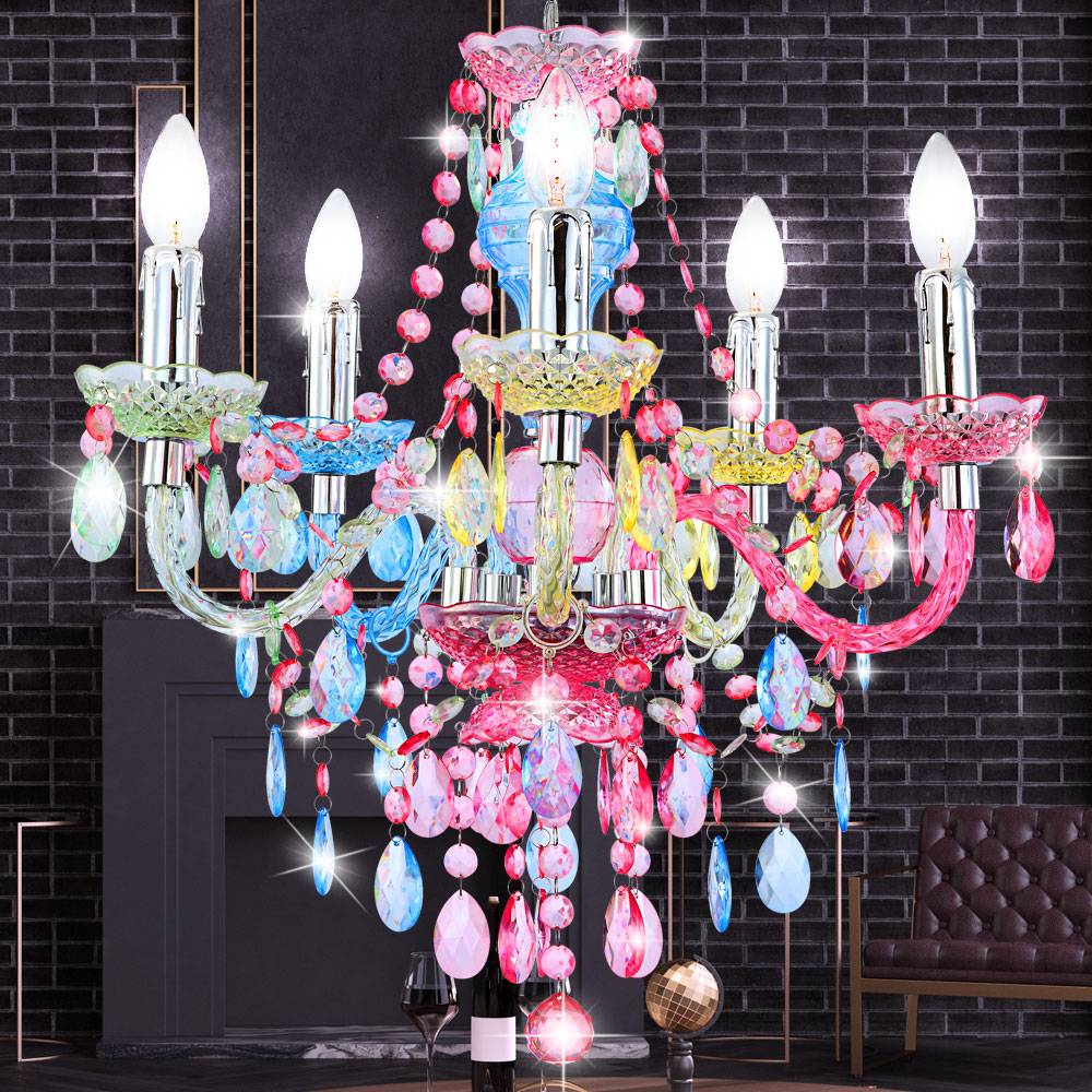 Kronleuchter Lüster Hängeleuchte Kristallleuchte Hängelampe Regenbogenfarbig, Chrom, Acrylkristalle, 5 flammig, 5x E14 Fassungen, DxH: 51x149 cm