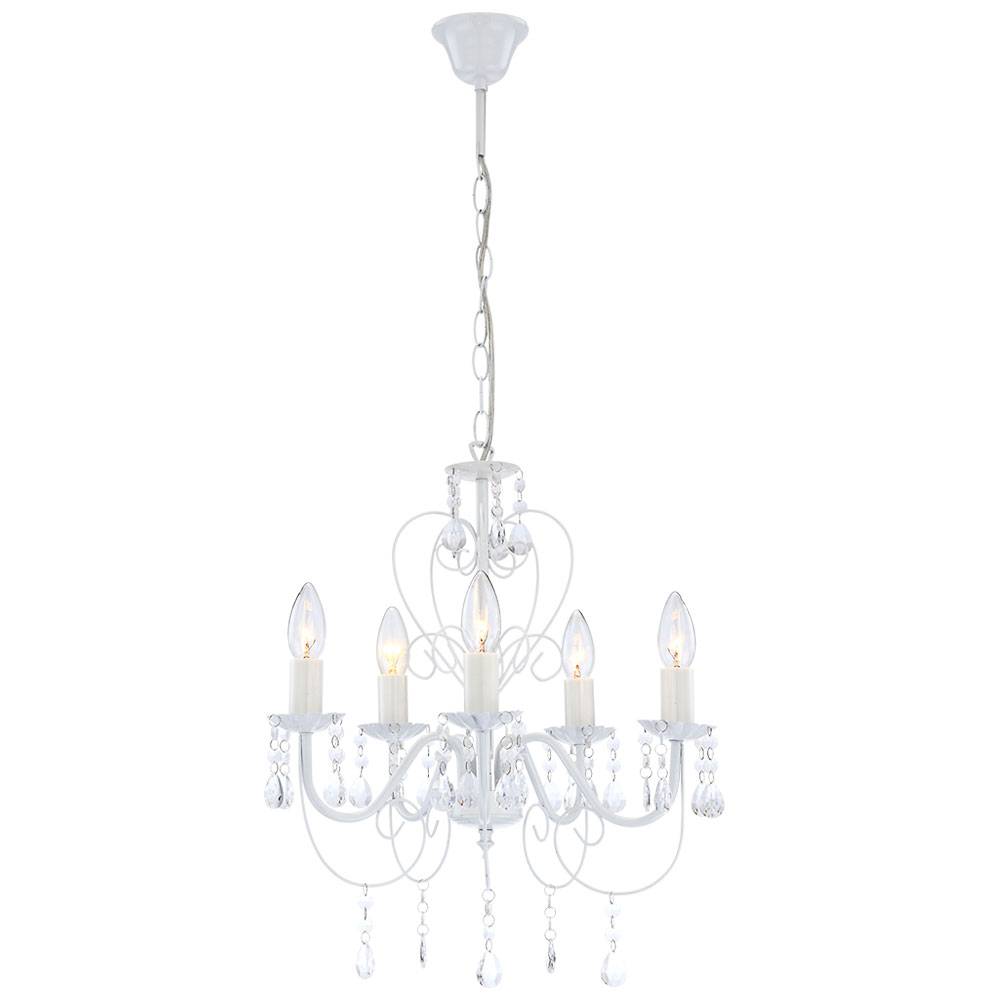 Pendelleuchte weiß Kristall Lampe Kronleuchter Wohnzimmerleuchte Deckenleuchte Hängelampe, 5-flammig hängend, 5x E14, DxH 44x129 cm