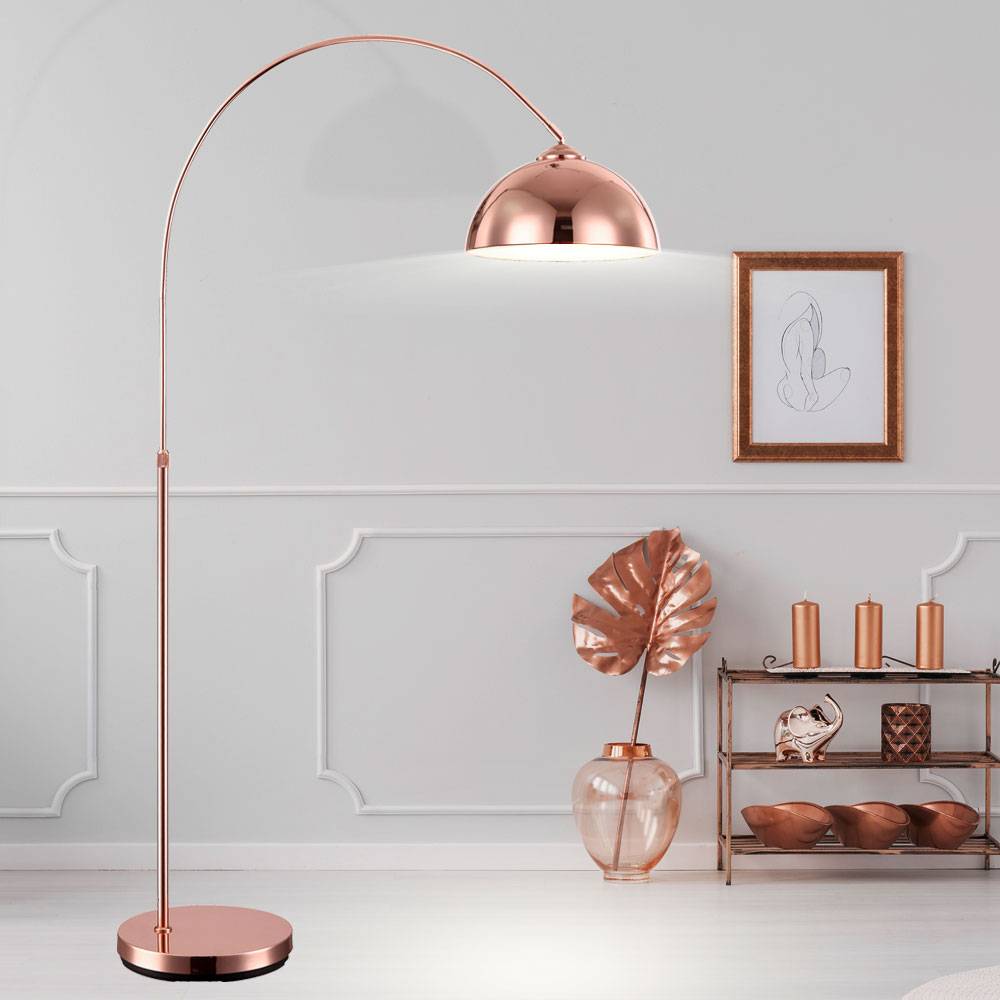 Stehlampe Kugel Bogenleuchte Kupfer Metall Standleuchte gebogen Wohnzimmer Höhe verstellbar, Schirm beweglich, 1x E27, H 141-196 cm
