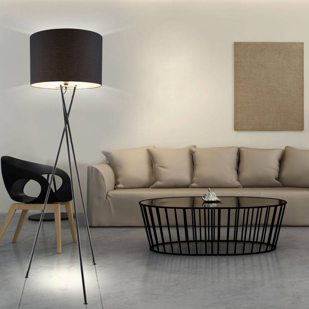 Stehleuchte 3-Bein Stativleuchte Textil schwarz Stehlampe Wohnzimmer, mit Schalter Metallgestell, 1x E27, DxH 54 x 160 cm