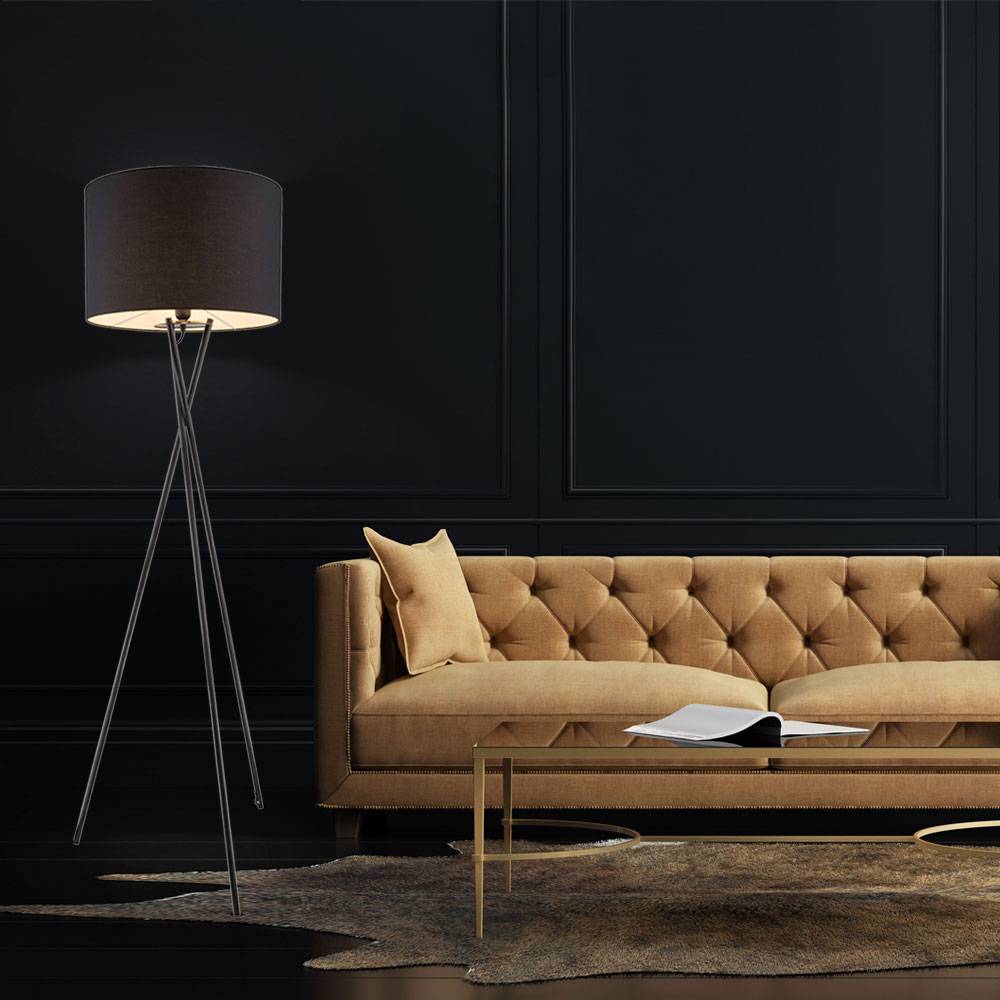 Stehleuchte 3-Bein Stativleuchte Textil schwarz Stehlampe Wohnzimmer, mit Schalter Metallgestell, 1x E27, DxH 54 x 160 cm
