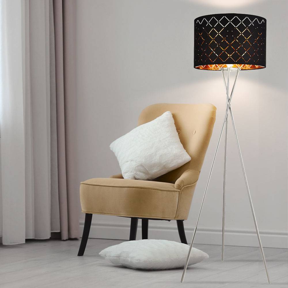 LED Design Stehleuchte Standlampe Beleuchtung Lese-Licht Textil-Schirm Schwarz-Gold Wohnzimmer Schlafzimmer Flur Diele Büro