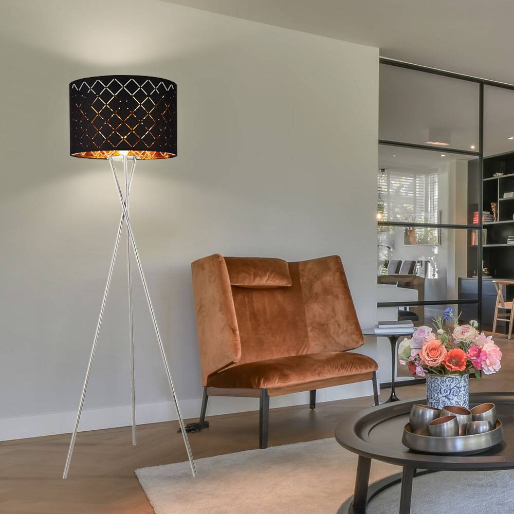 LED Design Stehleuchte Standlampe Beleuchtung Lese-Licht Textil-Schirm Schwarz-Gold Wohnzimmer Schlafzimmer Flur Diele Büro