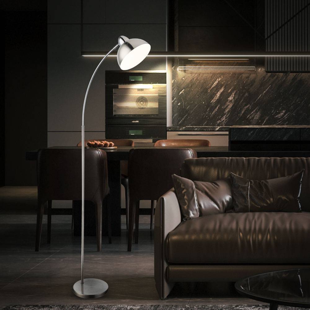Bogenstehleuchte chrom Stehlampe gebogen schwenkbar Standleuchte Wohnzimmer, mit Schalter Innen weiß, 1x E27, H 155 cm