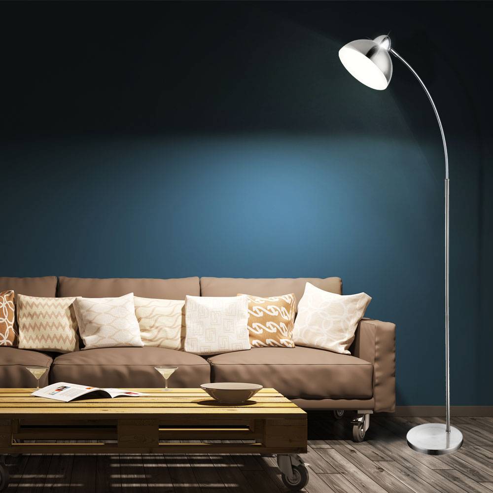 Bogenstehleuchte chrom Stehlampe gebogen schwenkbar Standleuchte Wohnzimmer, mit Schalter Innen weiß, 1x E27, H 155 cm