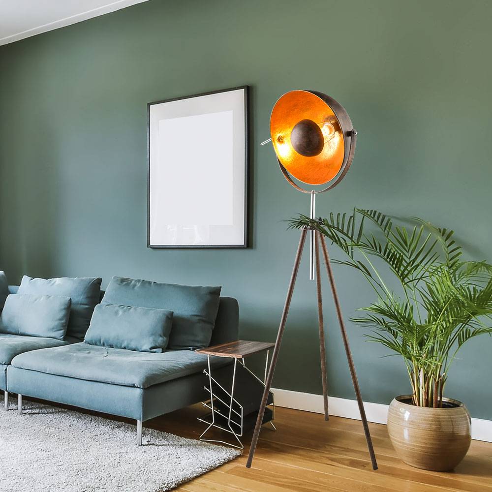 Retro Standleuchte beweglicher Spot Stehlampe Standlampe Stehleuchte Fluter, höhenverstellbar, Metall, Goldfarben Rostfarben, 1x E27, D x H 69 x 179