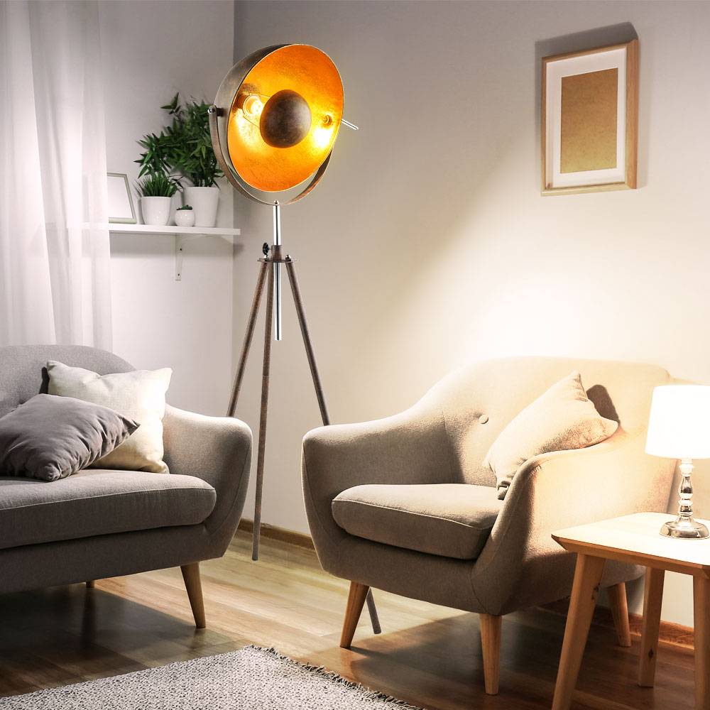 Retro Standleuchte beweglicher Spot Stehlampe Standlampe Stehleuchte Fluter, höhenverstellbar, Metall, Goldfarben Rostfarben, 1x E27, D x H 69 x 179