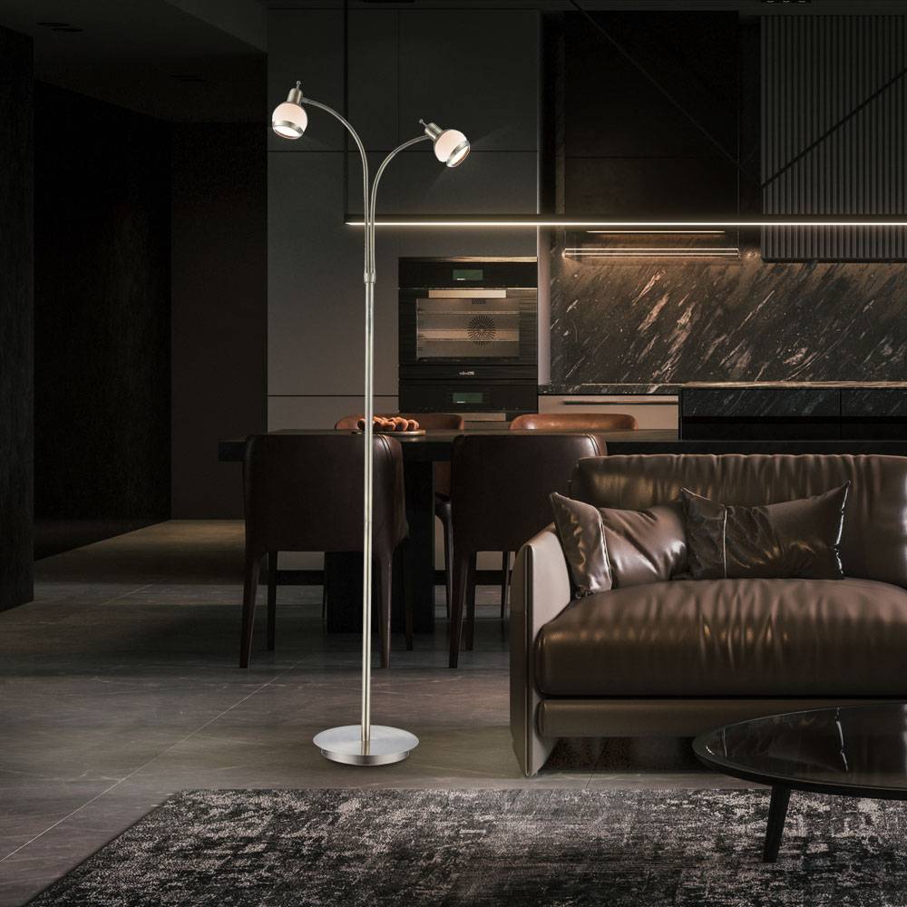 Stehleuchte 2 Flammig Stehlampe Glas Schirm Wohnzimmerleuchte stehend, altmessing Metall Glas opal, 2x G9 Fassungen, H 155 cm