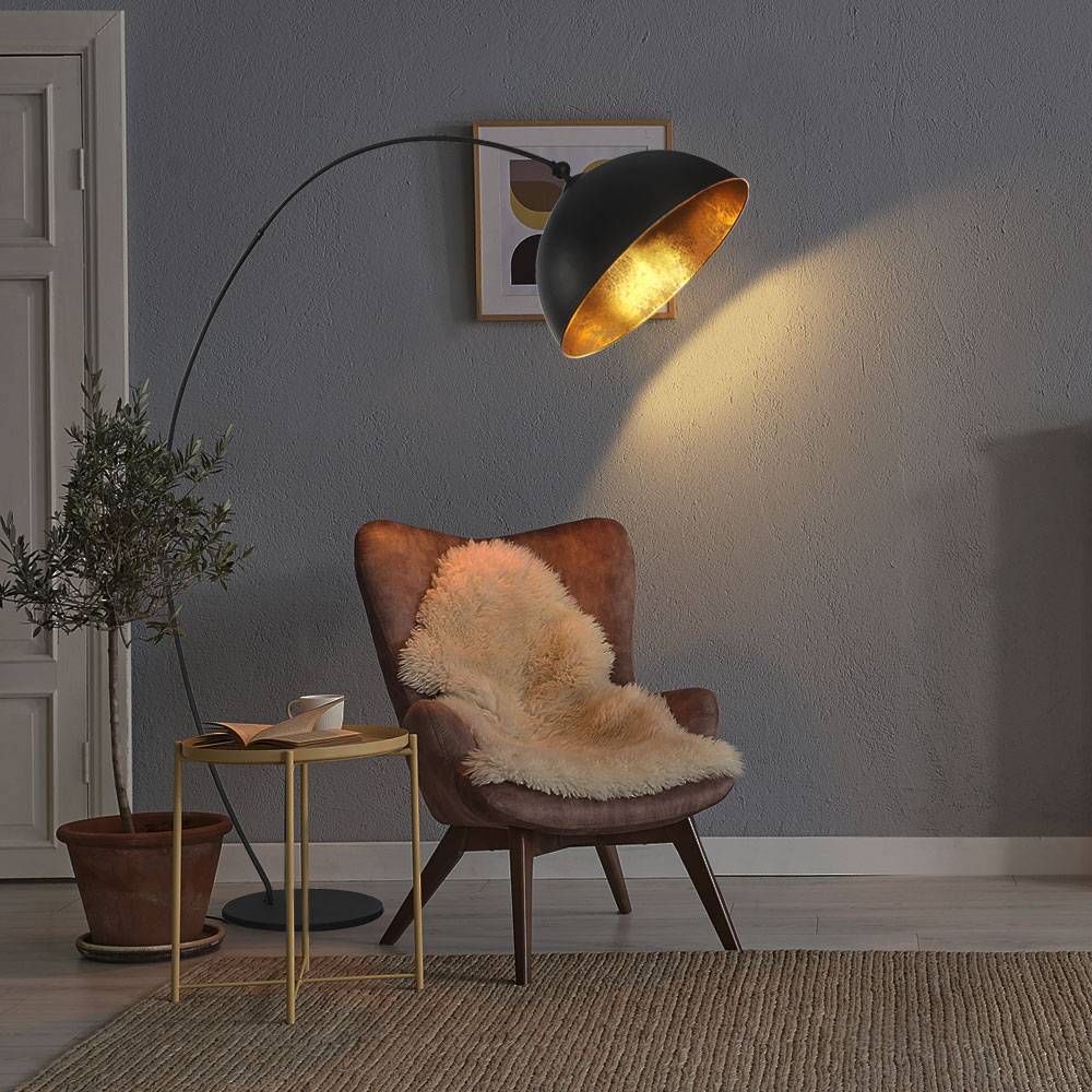 Bogenleuchte Stehlampe schwarz gold Wohnzimmerlampe Beistellleuchte Schlafzimmer, mit schwenkbarem Schirm, 1x E27, LxH 115x182 cm