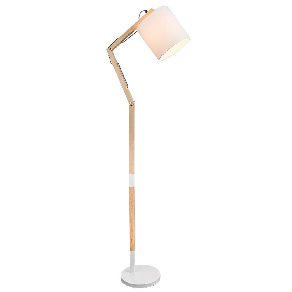 Stehlampe Wohnzimmer Holzleuchte Standlampe Stehleuchte mit verstellbaren Gelenken, Metall Textil weiß, 1x E27, LxH 75x172 cm