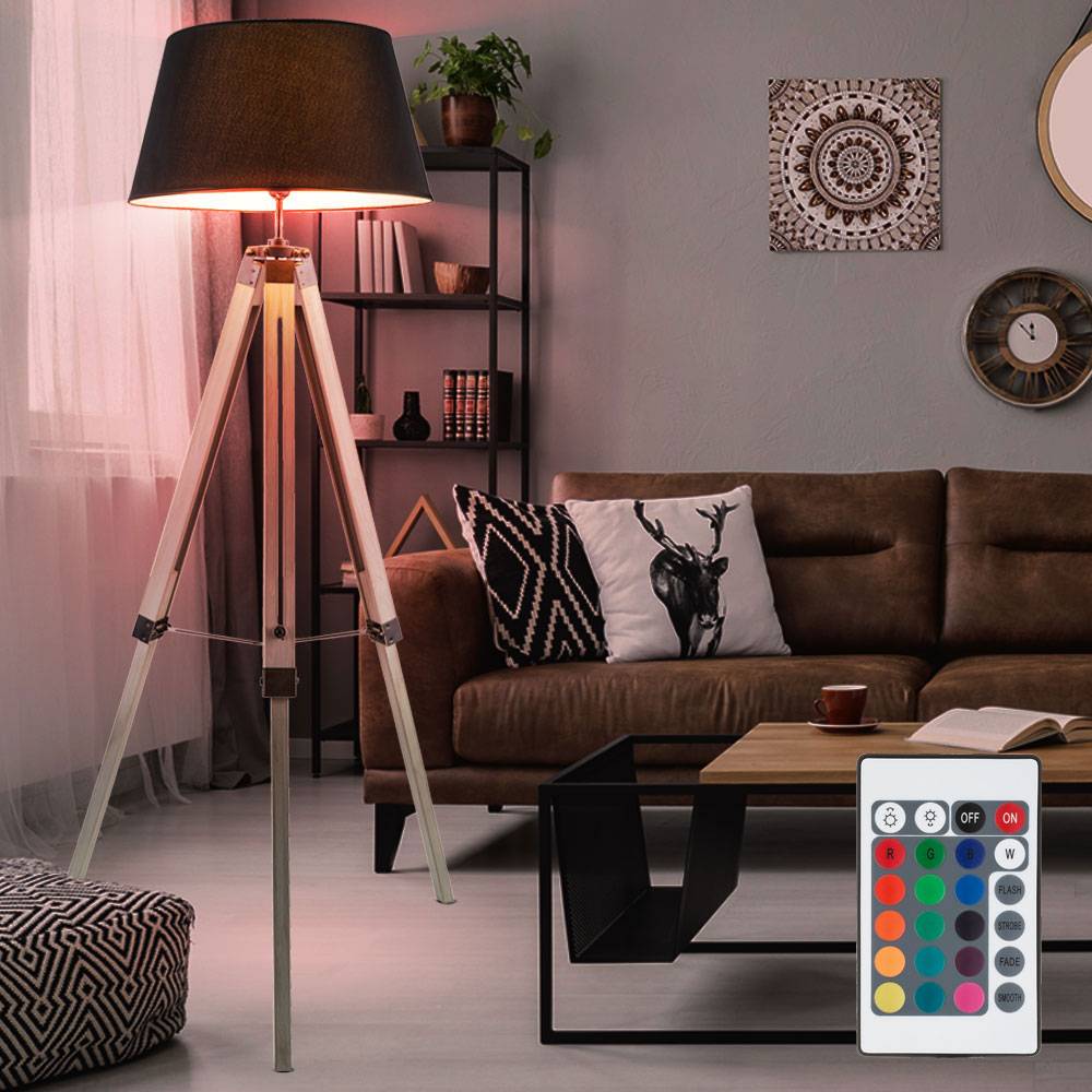 Stehleuchte dimmbar mit Fernbedienung Holzleuchte LED Stehlampe Wohnzimmer, RGB Farbwechsel Holz Stativ, 8,5W 806lm warmweiß, DxH 65x145 cm