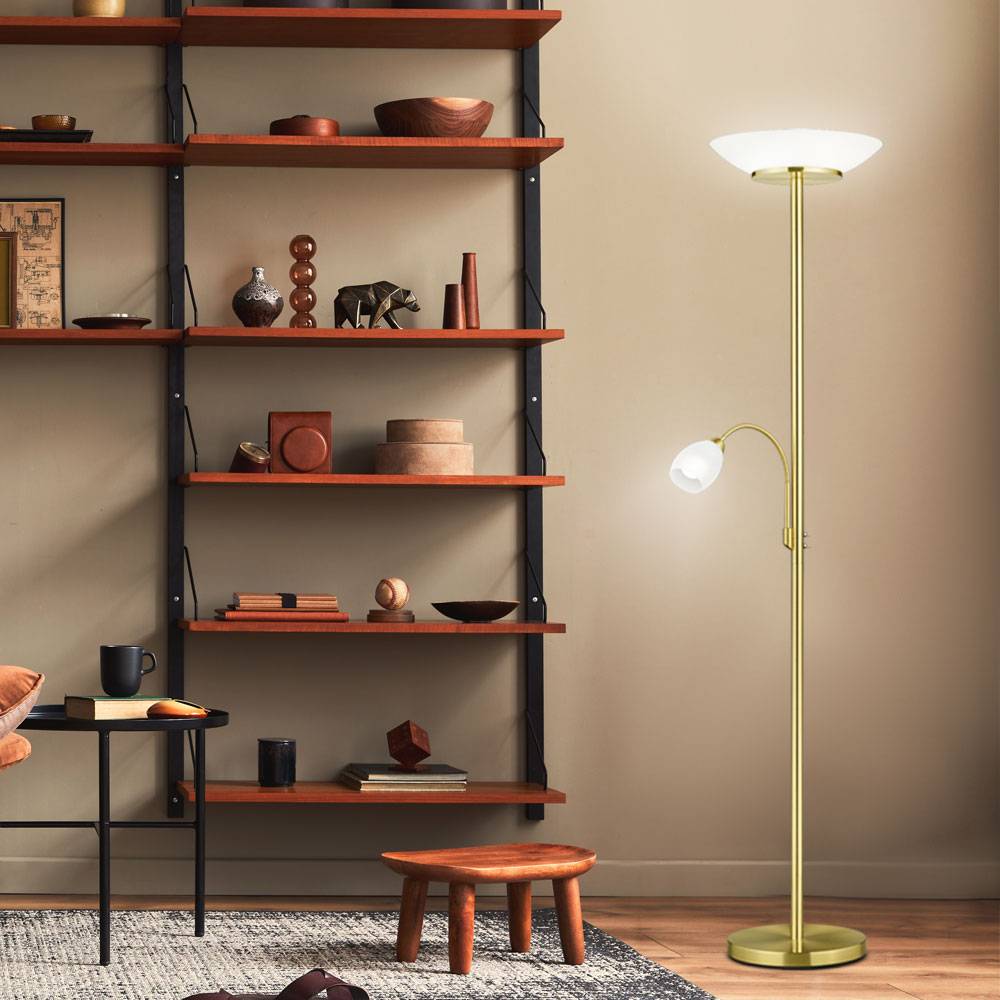 Decken Fluter messing Steh Leuchte Glas weiß Wohn Zimmer Beleuchtung im Set inkl. LED Leuchtmittel