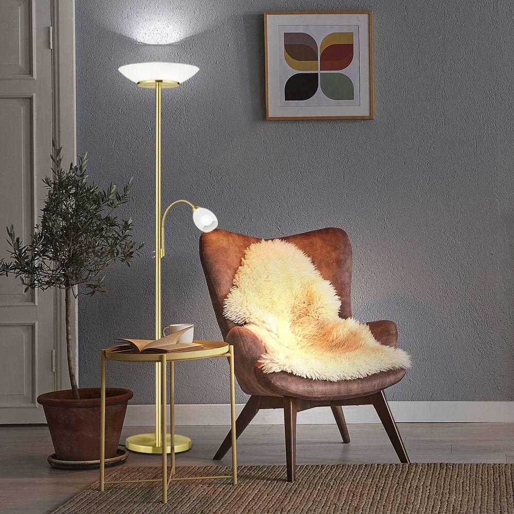 Decken Fluter messing Steh Leuchte Glas weiß Wohn Zimmer Beleuchtung im Set inkl. LED Leuchtmittel