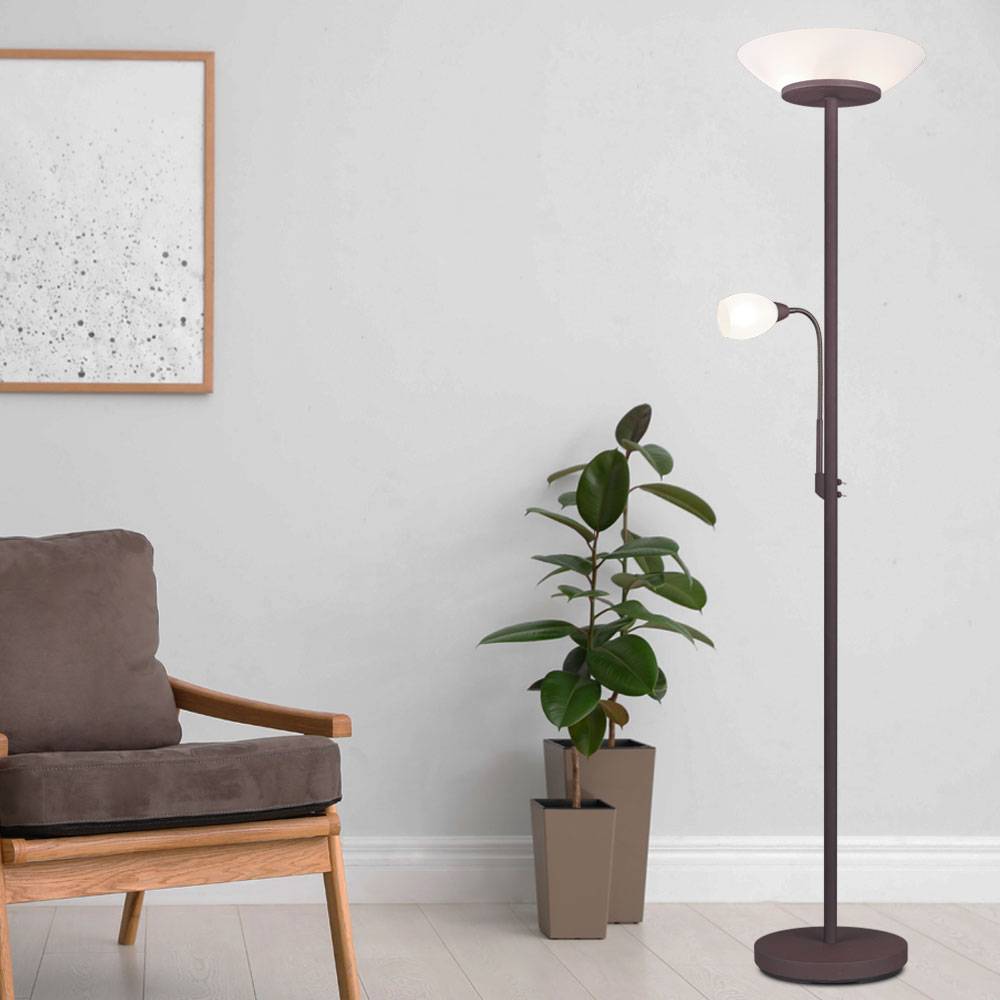 Stehleuchte Stehlampe Deckenfluter Innenleuchte Wohnzimmerlampe Leseleuchte flexibler Arm, getrennt schaltbar, Metall, Rost, Glas, weiß, DxH: 34x180