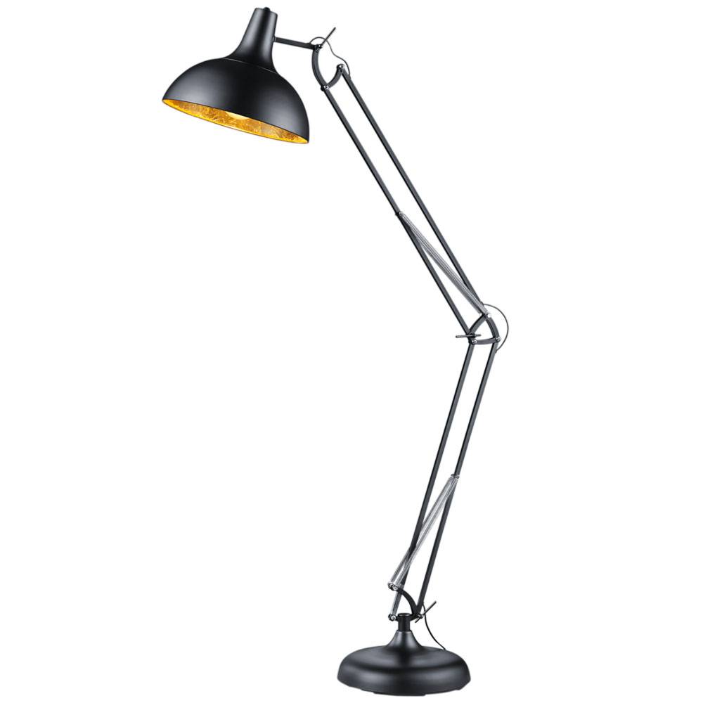 Stehlampe Wohnzimmer Gelenkleuchte Deckenfluter Stehleuchte schwarz gold mit Fußschalter, Metall, beweglich, 1x E27, BxTxH 38x75x180 cm