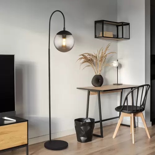 Stehlampe Stehleuchte schwarz Wohnzimmerleuchte stehend Bogenlampe mit Schalter, rauchiges Glas, 1x E27, LxBxH 39 x 25 x 150 cm Stehlampe Stehleuchte schwarz Wohnzimmerleuchte stehend Bogenlampe mit Schalter, rauchiges Glas, 1x E27, LxBxH 39 x 25 x 150 cm