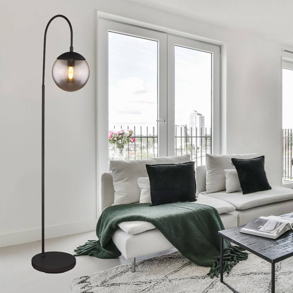 Stehlampe Stehleuchte schwarz Wohnzimmerleuchte stehend Bogenlampe mit Schalter, rauchiges Glas, 1x E27, LxBxH 39 x 25 x 150 cm