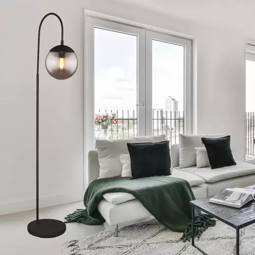 Stehlampe Stehleuchte schwarz Wohnzimmerleuchte stehend Bogenlampe mit Schalter, rauchiges Glas, 1x E27, LxBxH 39 x 25 x 150 cm Stehlampe Stehleuchte schwarz Wohnzimmerleuchte stehend Bogenlampe mit Schalter, rauchiges Glas, 1x E27, LxBxH 39 x 25 x 150 cm