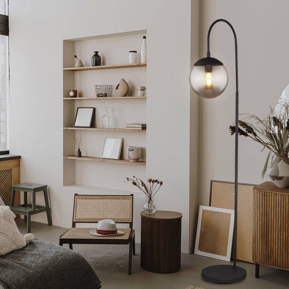 Stehlampe Stehleuchte schwarz Wohnzimmerleuchte stehend Bogenlampe mit Schalter, rauchiges Glas, 1x E27, LxBxH 39 x 25 x 150 cm