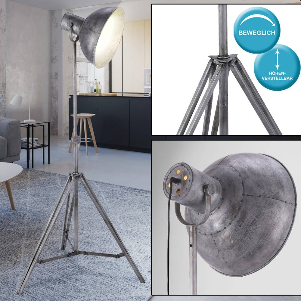 Stehleuchte höhenverstellbar Retro Scheinwerfer Standleuchte silber grau, beweglicher Strahler, 1x E27, LxBxH 70x70x220 cm