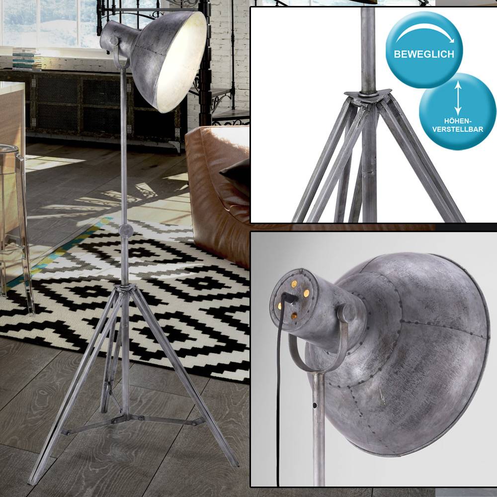 Stehleuchte höhenverstellbar Retro Scheinwerfer Standleuchte silber grau, beweglicher Strahler, 1x E27, LxBxH 70x70x220 cm