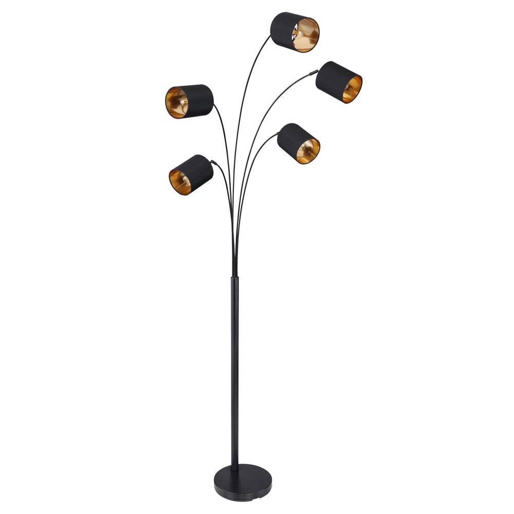 Design Standleuchte 5 flammig Textilschirme schwarz gold schwenkbar Stehlampe, Fußschalter, 5x E14 max 40 Watt, LxBxH 74x70x204cm, Wohnzimmer