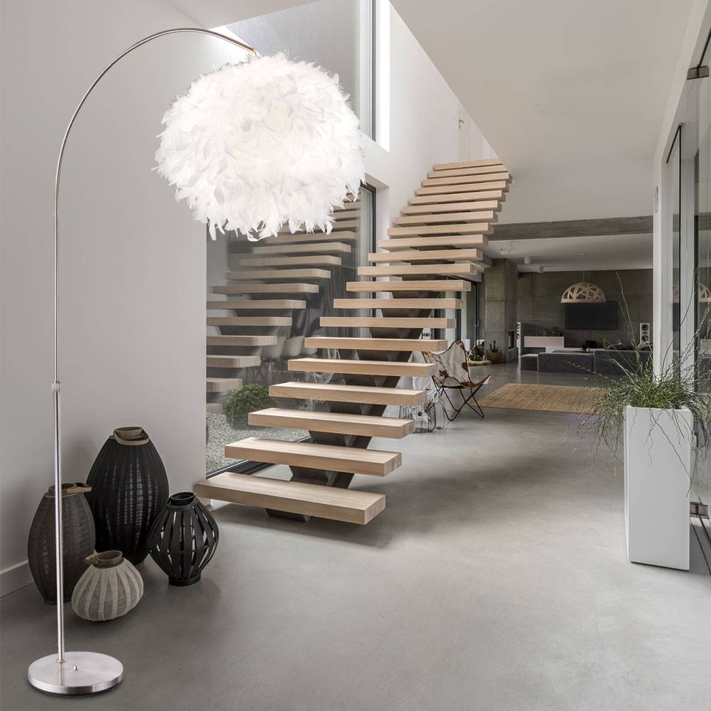 Stehleuchte höhenverstellbar Bogenleuchte mit Federn Stehlampe Wohnzimmerleuchte , silber weiß, 1x E27, BxH 96x141-196 cm