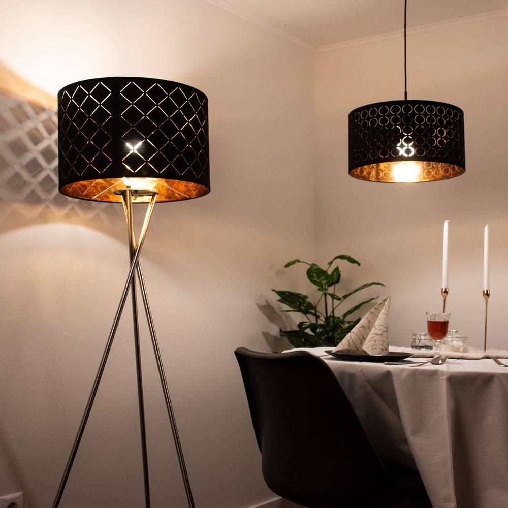 Steh Lampe Decken Fluter Wohn Zimmer Beleuchtung Textil schwarz-gold Stand Leuchte