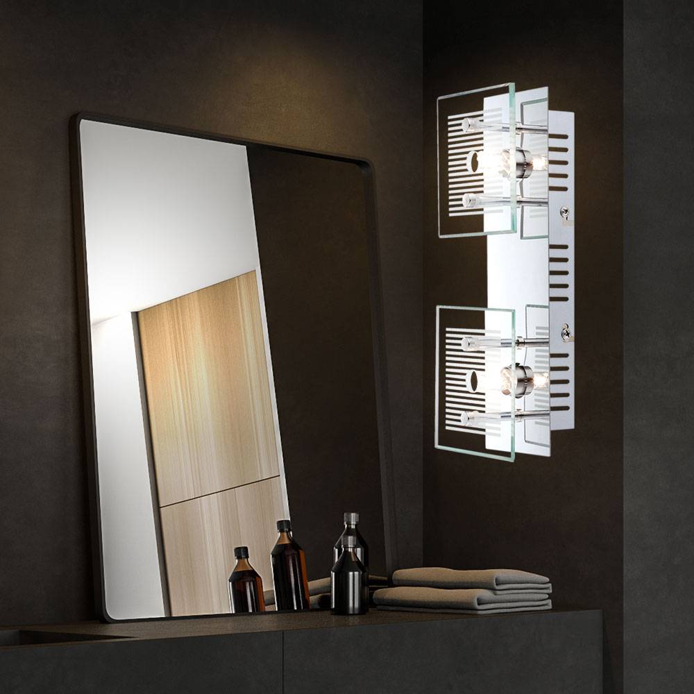 Wandlampe Wandleuchte Spotlampe Spotleuchte Flurleuchte, 2 Flammig, Glasplatte weiß gestreift Chrom, 2x LED 350Lm 3000K warmweiß, LxBxH 25x10x7,5cm