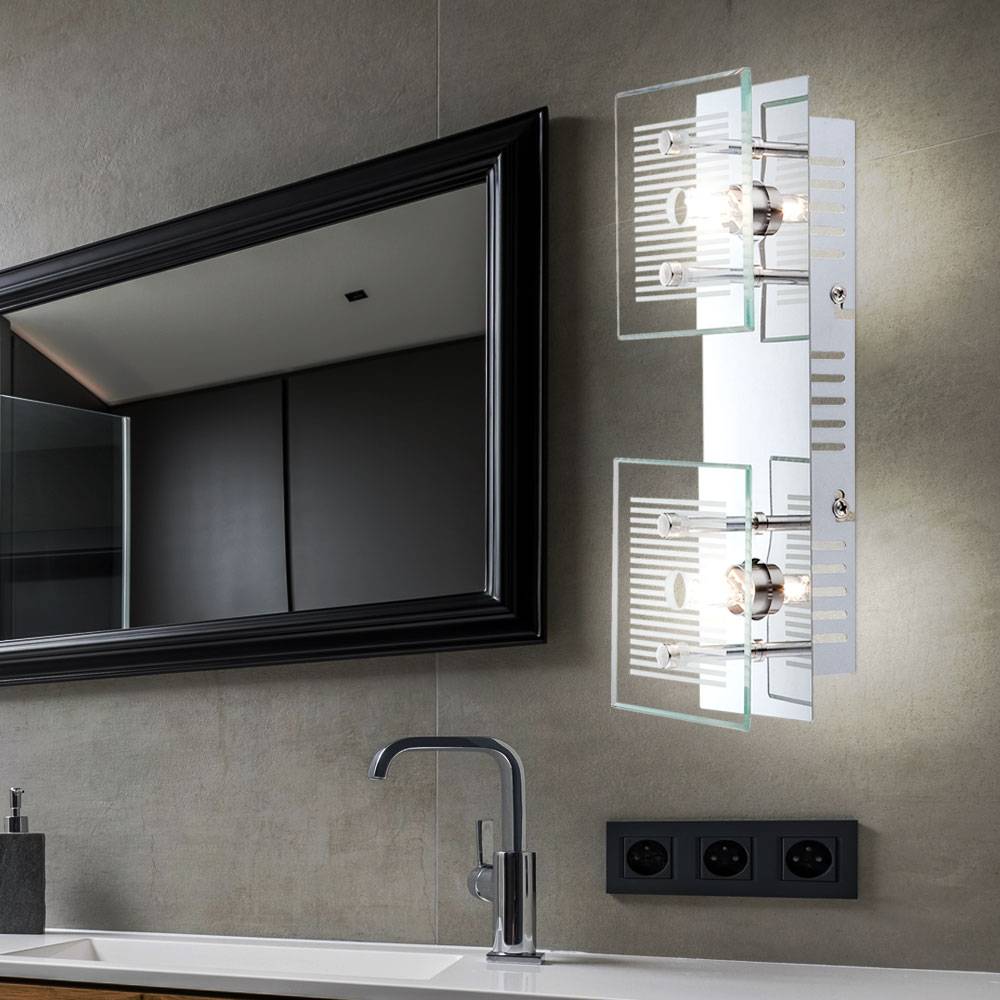 Wandlampe Wandleuchte Spotlampe Spotleuchte Flurleuchte, 2 Flammig, Glasplatte weiß gestreift Chrom, 2x LED 350Lm 3000K warmweiß, LxBxH 25x10x7,5cm