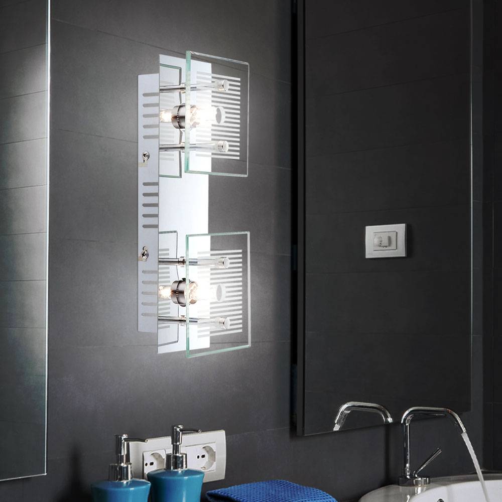 Wandlampe Wandleuchte Spotlampe Spotleuchte Flurleuchte, 2 Flammig, Glasplatte weiß gestreift Chrom, 2x LED 350Lm 3000K warmweiß, LxBxH 25x10x7,5cm