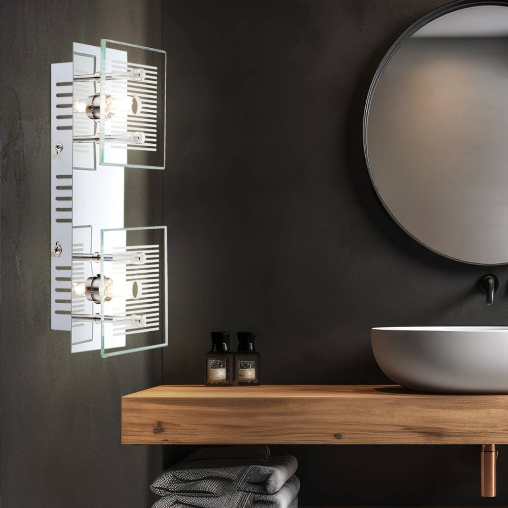 Wandlampe Wandleuchte Spotlampe Spotleuchte Flurleuchte, 2 Flammig, Glasplatte weiß gestreift Chrom, 2x LED 350Lm 3000K warmweiß, LxBxH 25x10x7,5cm