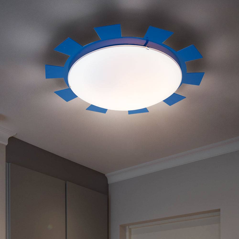 Wandleuchte Kinderzimmer Kinderlampe Glas Deckenleuchte Kinderleuchte blau, Sonne, Stahl, weiß satiniert, 1x LED 3,7W 320Lm warmweiß, DxH 35x8 cm