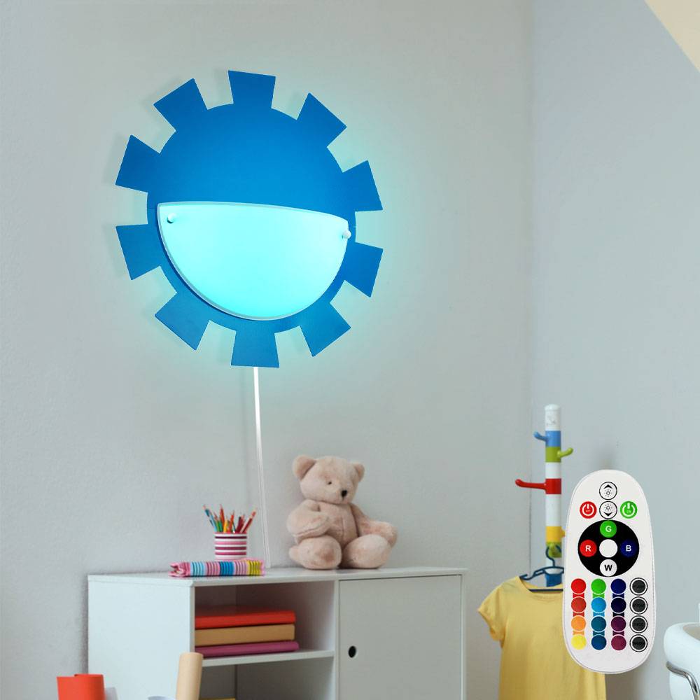 Kinderzimmerleuchte Spielzimmerlampe Wandleuchte Wandlampe Kinderleuchte, Fernbedienung dimmbar Memory Stahl Glas weiß blau, 1x RGB LED 3,5W 200Lm