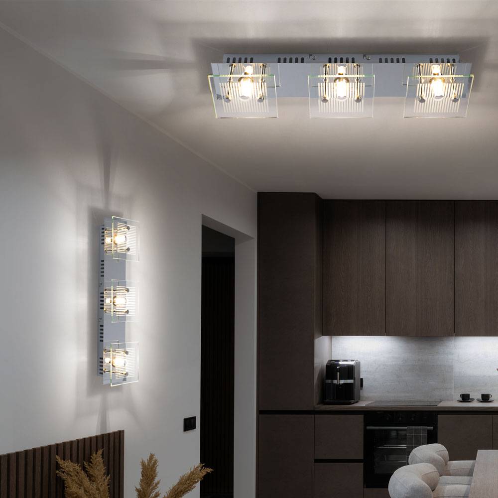 Wandlampe Wandleuchte Wohnzimmerlampe Wohnzimmerleuchte Schlafzimmerlampe, 3 Flammig, Chrom Glasplatte weiß, G9 Fassungen, LxBxH 40x10x7,5cm, 2er