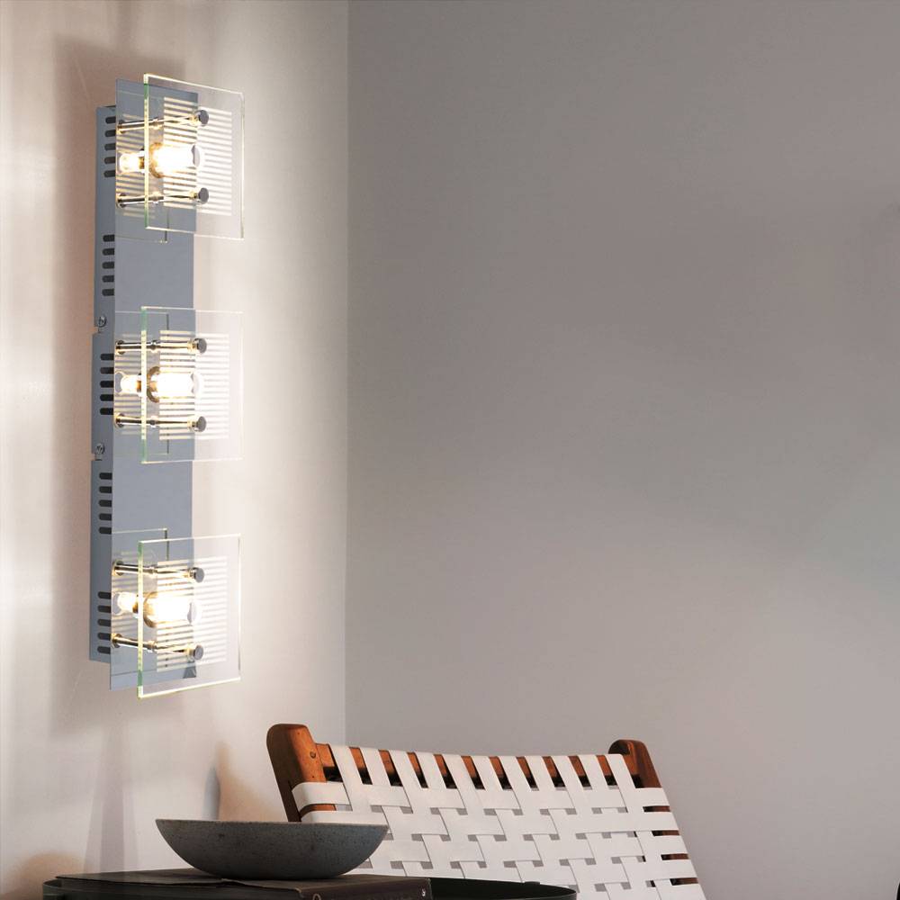 Wandlampe Wandleuchte Wohnzimmerlampe Wohnzimmerleuchte Schlafzimmerlampe, 3 Flammig, Chrom Glasplatte weiß, G9 Fassungen, LxBxH 40x10x7,5cm, 2er