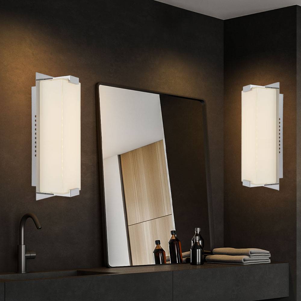 Wandleuchte LED Flurlampe Treppenhausleuchte Chrom Wandlampe Schlafzimmer, Glas satiniert. 6W 470lm warmweiß, BxH 11x28 m, 2er Set