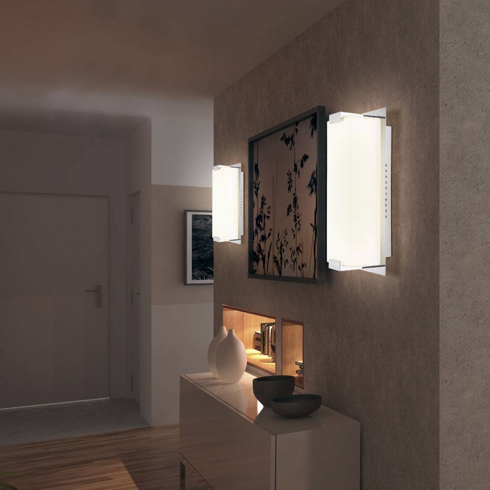 Wandleuchte LED Flurlampe Treppenhausleuchte Chrom Wandlampe Schlafzimmer, Glas satiniert. 6W 470lm warmweiß, BxH 11x28 m, 2er Set