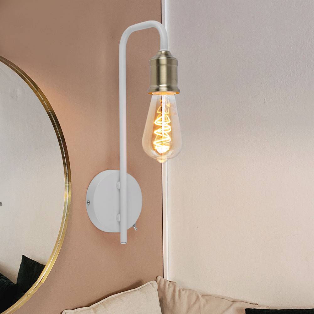 Wandleuchte Metall Messing weiß Wandlampe mit Schalter, 1x E27 IP20, 10,5x36x16,5cm, Flur Treppenhaus Wohnzimmer Schlafzimmer