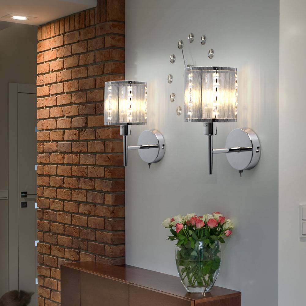 Wandlampe Chrom Wohnzimmerleuchte Wandleuchte Kristalle Schlafzimmer Bettleuchte, Metall, 1x E14, BxH 12 x 24,5 cm